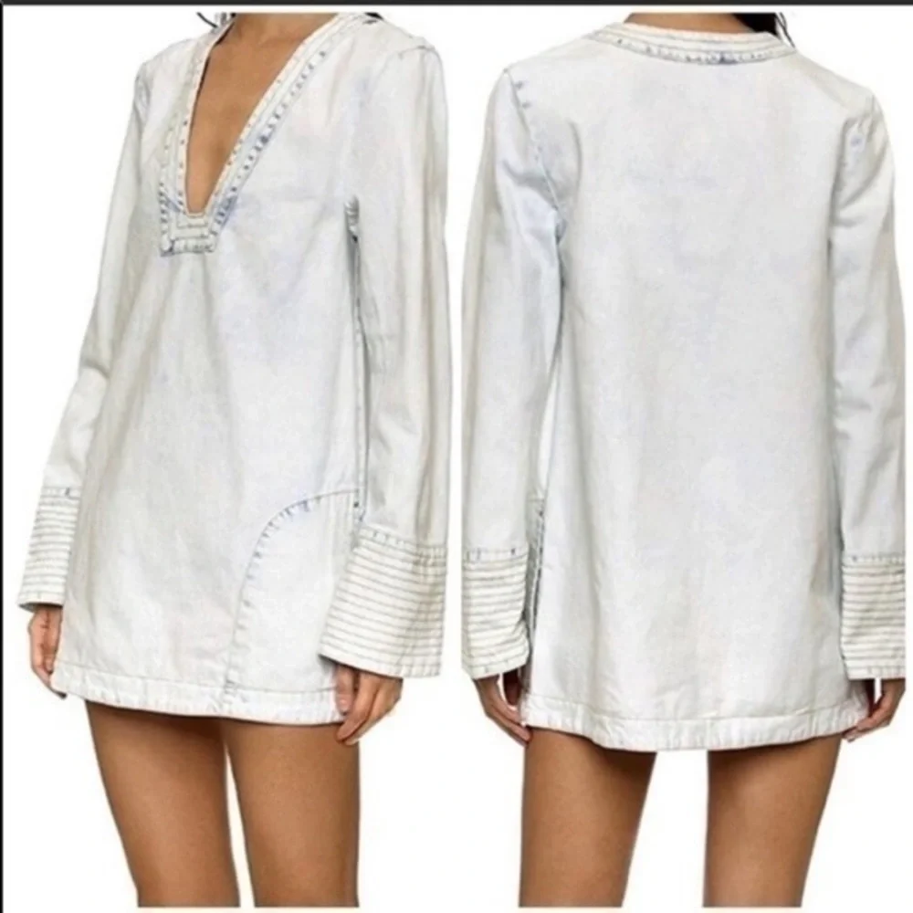 Free People acid wash denim tunic/mini dress - Picture 2 of 7